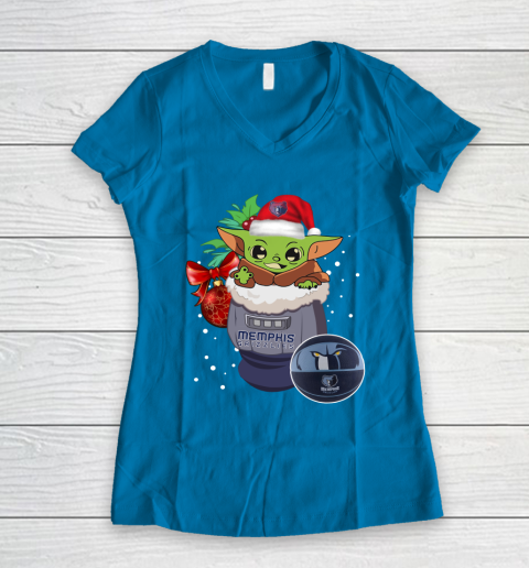 Memphis Grizzlies Christmas Baby Yoda Star Wars Funny Happy NBA Women's V-Neck T-Shirt 7