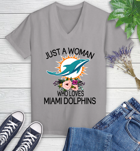 NFL Just A Woman Who Loves Miami Dolphins Football Sports Women's V-Neck T-Shirt 2