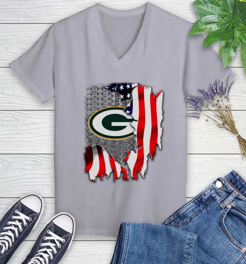 Green Bay Packers NFL Football American Flag Women's V-Neck T-Shirt 4