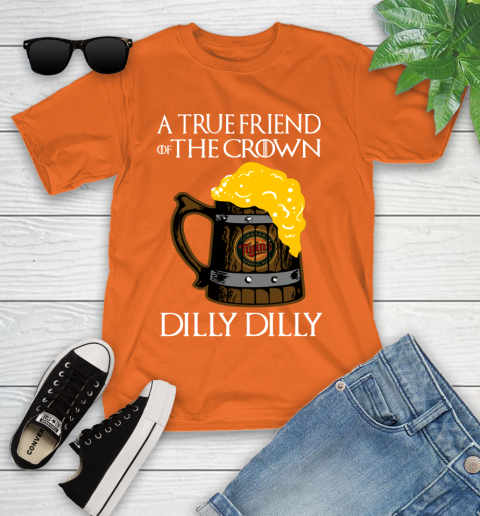 MLB Minnesota Twins A True Friend Of The Crown Game Of Thrones Beer Dilly Dilly Baseball Youth T-Shirt 9
