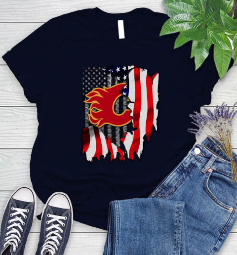 Calgary Flames NHL Hockey American Flag Women's T-Shirt 3 Calgary Flames NHL Hockey American Flag Women's T-Shirt - Image 3