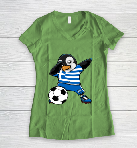 Dabbing Penguin Greece Soccer Fans Jersey Football Lovers Women's V-Neck T-Shirt 5