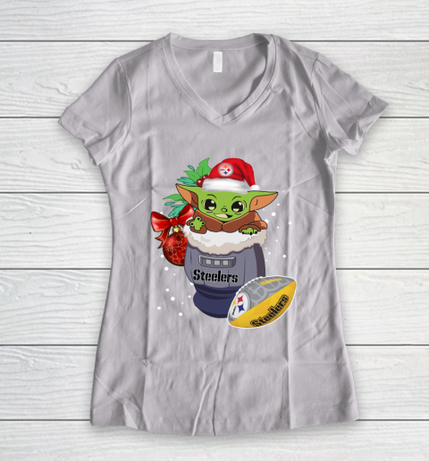 Pittsburgh Steelers Christmas Baby Yoda Star Wars Funny Happy NFL Women's V-Neck T-Shirt 2