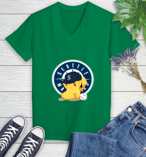 MLB Pikachu Baseball Sports Seattle Mariners Women's V-Neck T-Shirt 5