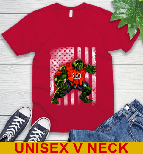 Cincinnati Bengals Hulk Marvel Avengers NFL Football American Flag V-Neck T-Shirt 6