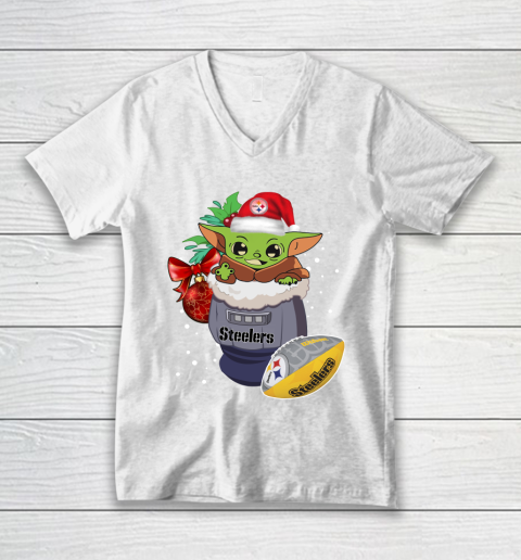 Pittsburgh Steelers Christmas Baby Yoda Star Wars Funny Happy NFL V-Neck T-Shirt 2