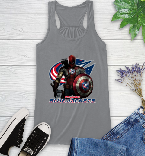 NHL Captain America Thor Spider Man Hawkeye Avengers Endgame Hockey Columbus Blue Jackets Racerback Tank 5