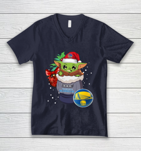 Golden State Warriors Christmas Baby Yoda Star Wars Funny Happy NBA V-Neck T-Shirt 3