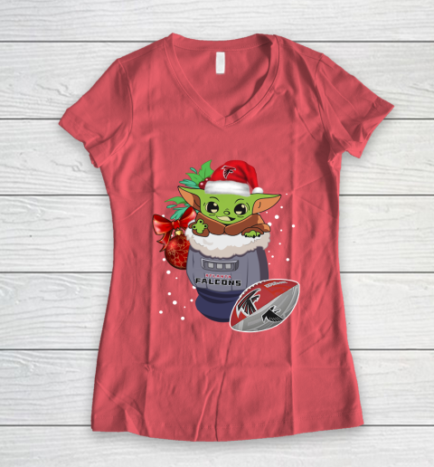Atlanta Falcons Christmas Baby Yoda Star Wars Funny Happy NFL Women's V-Neck T-Shirt 6