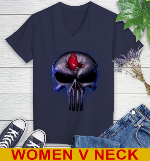Boston Red Sox MLB Baseball Punisher Skull Sports Women's V-Neck T-Shirt 12