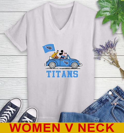NFL Football Tennessee Titans Pluto Mickey Driving Disney Shirt Women's V-Neck T-Shirt