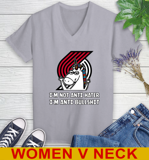 Portland Trail Blazers NBA Basketball Unicorn I'm Not Anti Hater I'm Anti Bullshit Women's V-Neck T-Shirt 5
