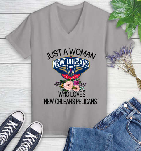 NBA Just A Woman Who Loves New Orleans Pelicans Basketball Sports Women's V-Neck T-Shirt 2
