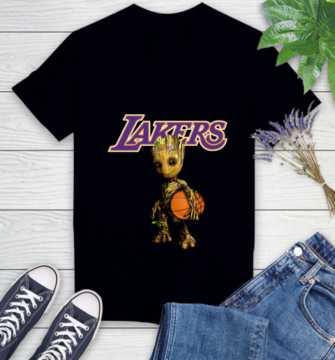 Los Angeles Lakers NBA Basketball Groot Marvel Guardians Of The Galaxy Women's V-Neck T-Shirt 2