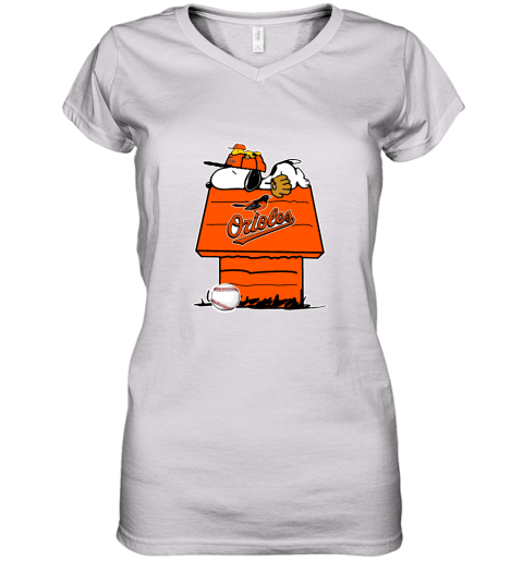 Baltimore Orioles Snoopy And Woodstock Resting Together MLB Women's V-Neck T-Shirt