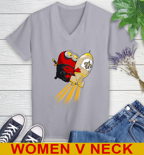NFL Football New Orleans Saints Deadpool Minion Marvel Shirt Women's V-Neck T-Shirt 4