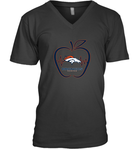 Apple Heartbeat Teacher Symbol Denver Broncos V-Neck T-Shirt
