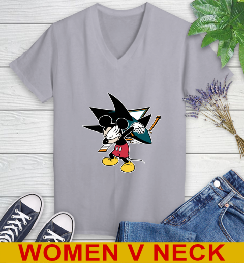 San Jose Sharks NHL Hockey Dabbing Mickey Disney Sports Women's V-Neck T-Shirt 5