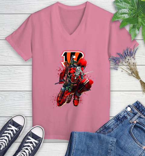 NFL Deadpool Marvel Comics Sports Football Cincinnati Bengals Women's V-Neck T-Shirt 13