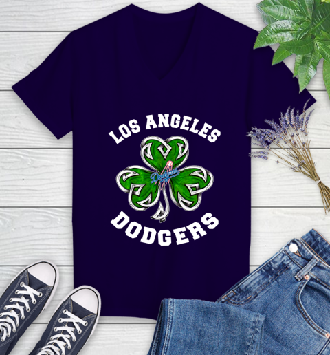 MLB Los Angeles Dodgers Three Leaf Clover St Patrick's Day Baseball Sports Women's V-Neck T-Shirt 3