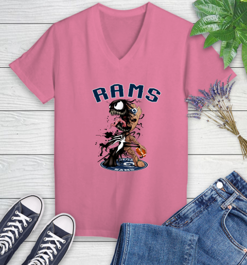NFL Los Angeles Rams Football Venom Groot Guardians Of The Galaxy Women's V-Neck T-Shirt 13