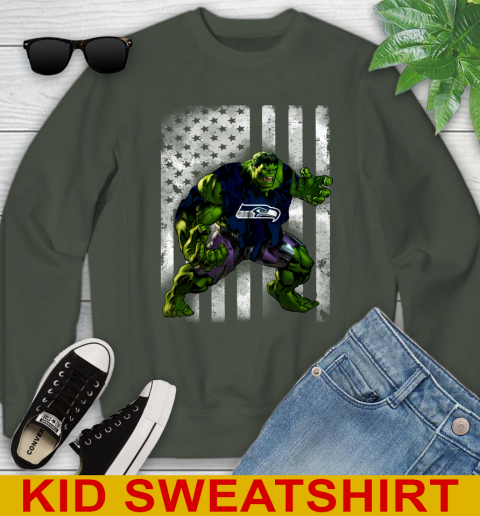 Seattle Seahawks Hulk Marvel Avengers NFL Football American Flag Youth Sweatshirt 8