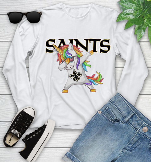 New Orleans Saints NFL Football Funny Unicorn Dabbing Sports Youth Long Sleeve