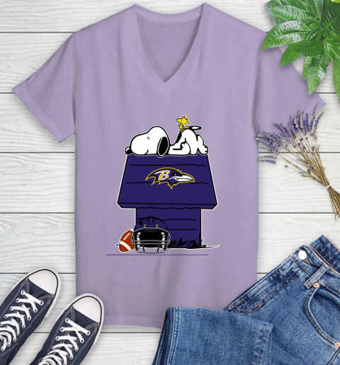 Baltimore Ravens NFL Football Snoopy Woodstock The Peanuts Movie Women's V-Neck T-Shirt 14