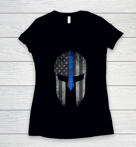 Thin Blue Line American Flag Spartan Helm Women's V-Neck T-Shirt
