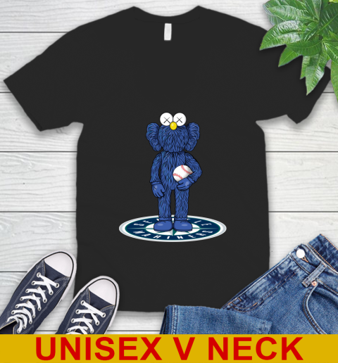 MLB Baseball Seattle Mariners Kaws Bff Blue Figure Shirt V-Neck T-Shirt 2