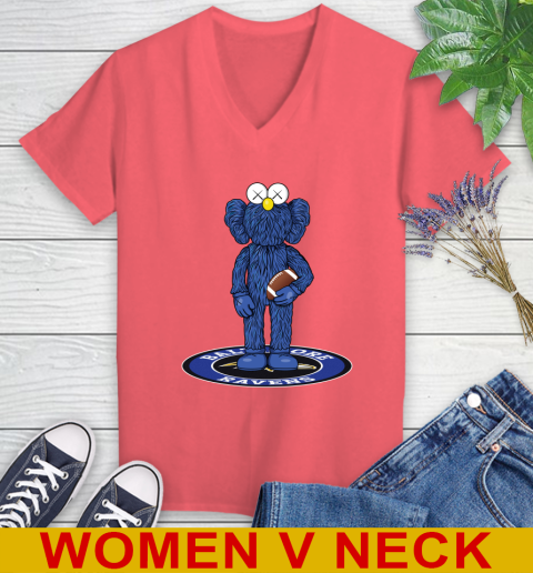 NFL Football Baltimore Ravens Kaws Bff Blue Figure Shirt Women's V-Neck T-Shirt - Image 8