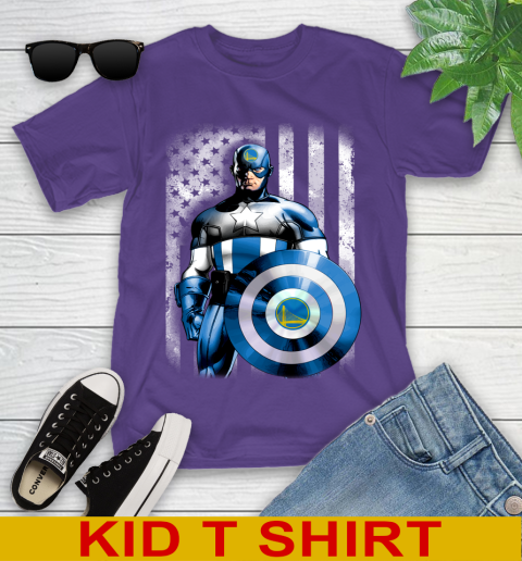 Golden State Warriors NBA Basketball Captain America Marvel Avengers American Flag Shirt Youth T-Shirt 3