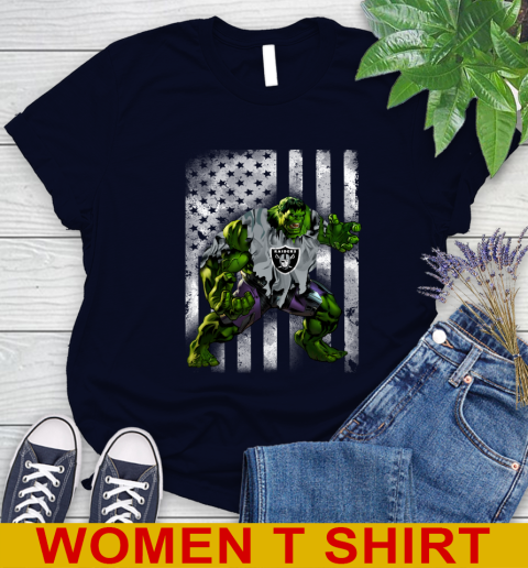 Oakland Raiders Hulk Marvel Avengers NFL Football American Flag Women's T-Shirt 2