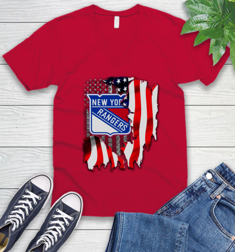 New York Rangers NHL Hockey American Flag V-Neck T-Shirt 6