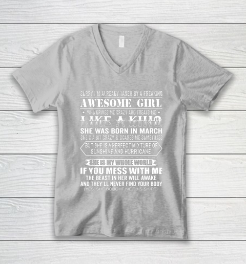 Sorry I m Already Taken by a Freaking Awesome Girl March Birthday V-Neck T-Shirt 3