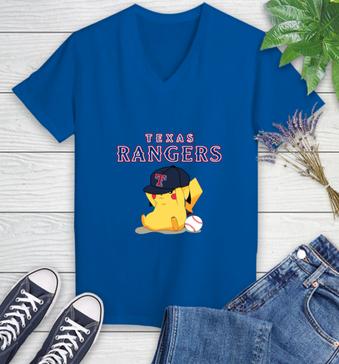 MLB Pikachu Baseball Sports Texas Rangers Women's V-Neck T-Shirt 10