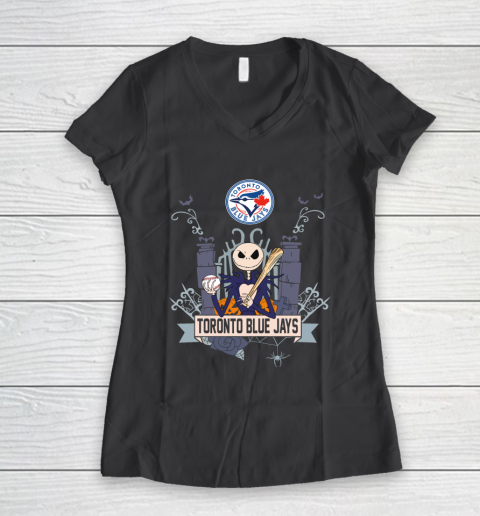 MLB Toronto Blue Jays Baseball Jack Skellington Halloween Women's V-Neck T-Shirt 6