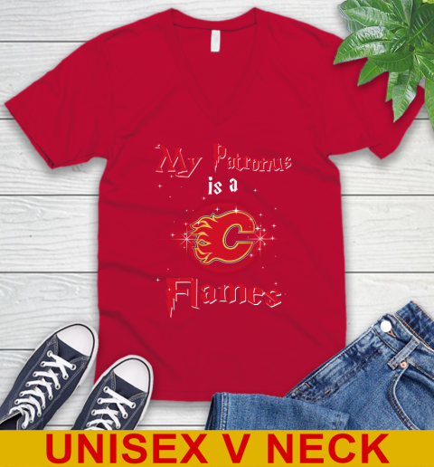 NHL Hockey Harry Potter My Patronus Is A Calgary Flames V-Neck T-Shirt 6