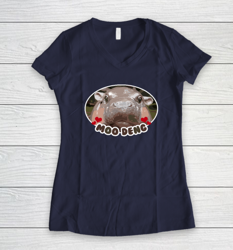 Moo Deng Bouncy Pig in Thai Picture The Cute Baby Hippo Women's V-Neck T-Shirt 7