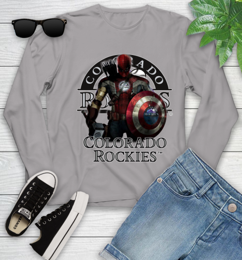 MLB Captain America Thor Spider Man Hawkeye Avengers Endgame Baseball Colorado Rockies Youth Long Sleeve 5