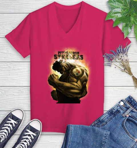 Pittsburgh Steelers NFL Football Hulk Marvel Avengers Sports Women's V-Neck T-Shirt 9