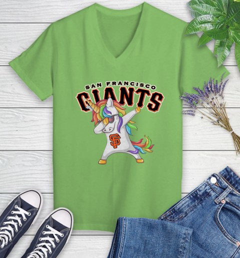 San Francisco Giants MLB Baseball Funny Unicorn Dabbing Sports Women's V-Neck T-Shirt 11