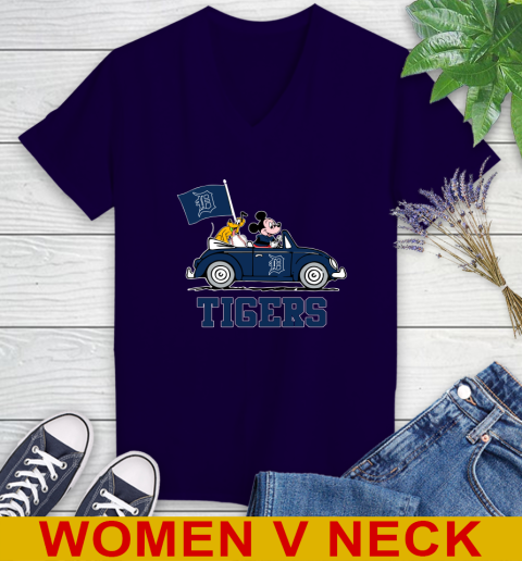 MLB Baseball Detroit Tigers Pluto Mickey Driving Disney Shirt Women's V-Neck T-Shirt 4