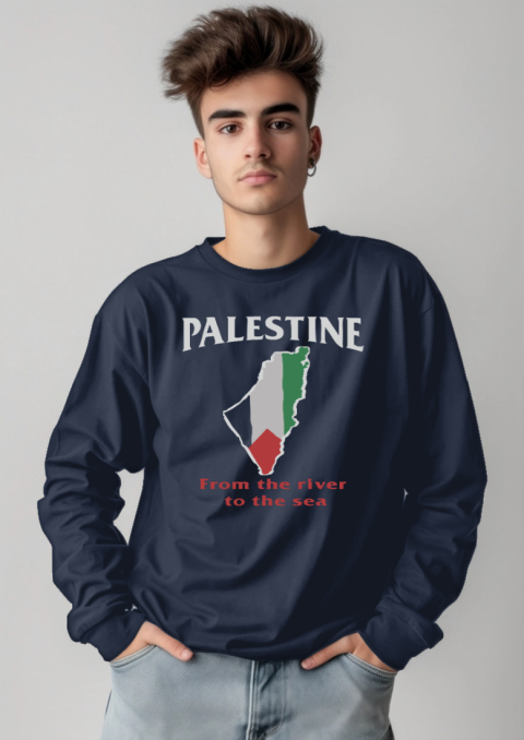 hpaj palestine from the river to the sea long sleeve tee 14 front navy
