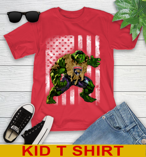 Florida Panthers Hulk Marvel Avengers NHL Hockey American Flag Youth T-Shirt 11