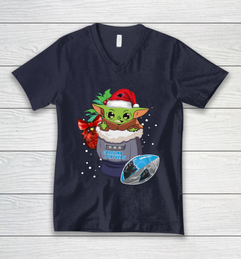 Carolina Panthers Christmas Baby Yoda Star Wars Funny Happy NFL V-Neck T-Shirt 3