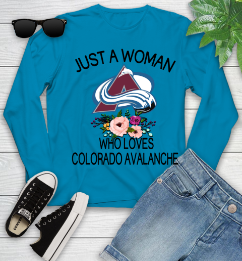 NHL Just A Woman Who Loves Colorado Avalanche Hockey Sports Youth Long Sleeve 5