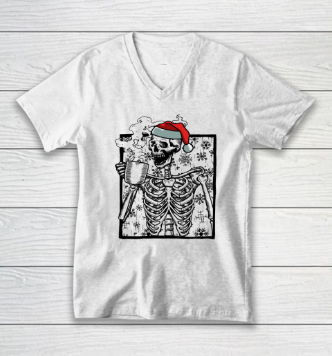 Skeleton Drinking Coffee Shirt Death Drinking Coffee Skeleton Christmas V-Neck T-Shirt