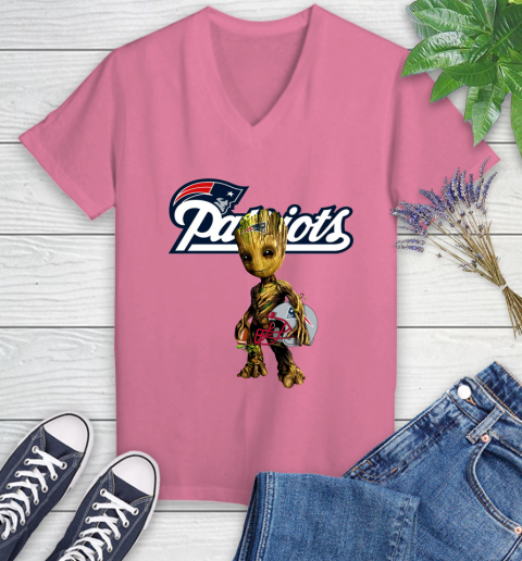 New England Patriots NFL Football Groot Marvel Guardians Of The Galaxy Women's V-Neck T-Shirt 13
