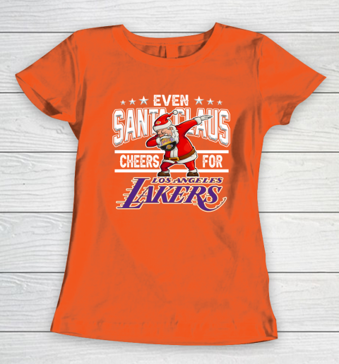 Los Angeles Lakers Even Santa Claus Cheers For Christmas NBA Women's T-Shirt 3